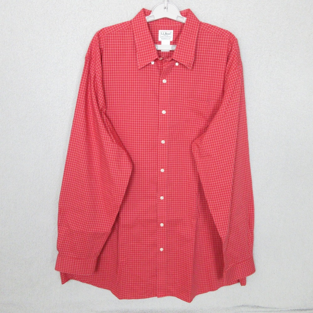 L.L.Bean Mens XXL-Tall Red Checkered Button Down Long Sleeve Shirt Classic